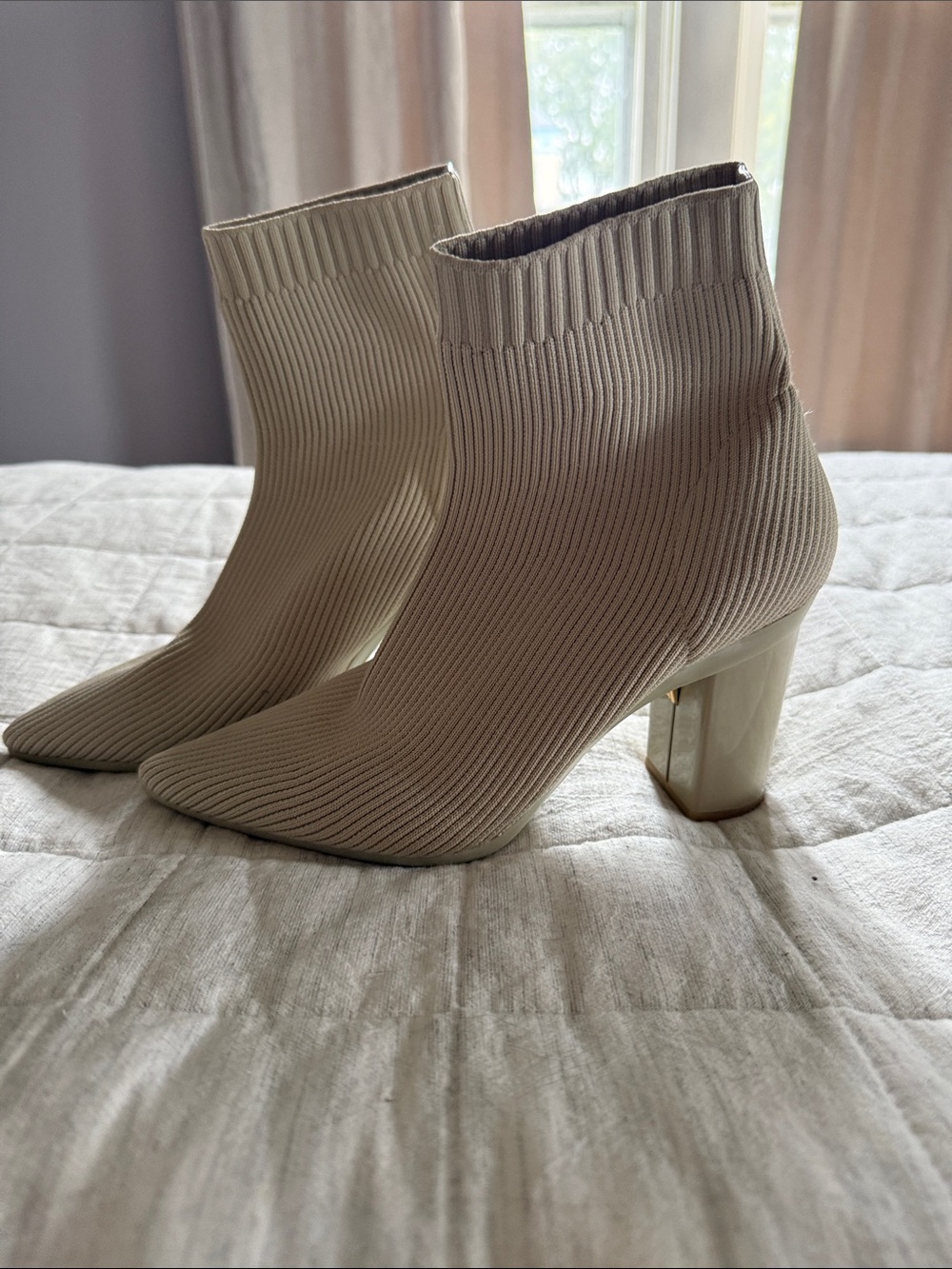 Pashion Footwear Ivory Ribbed Knit Ankle Bootie